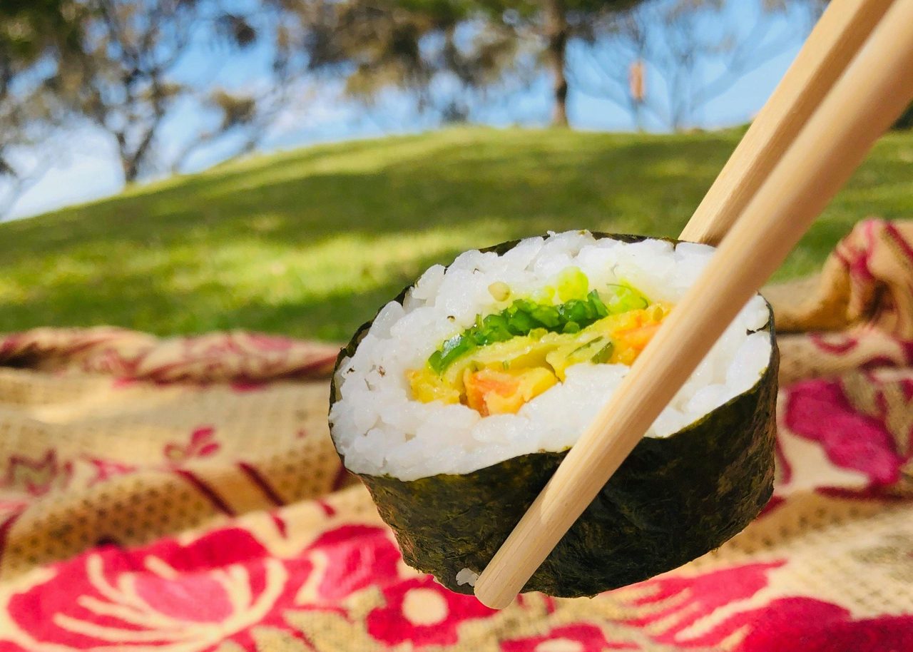 Tempura Vegetable Sushi Roll on a picnic